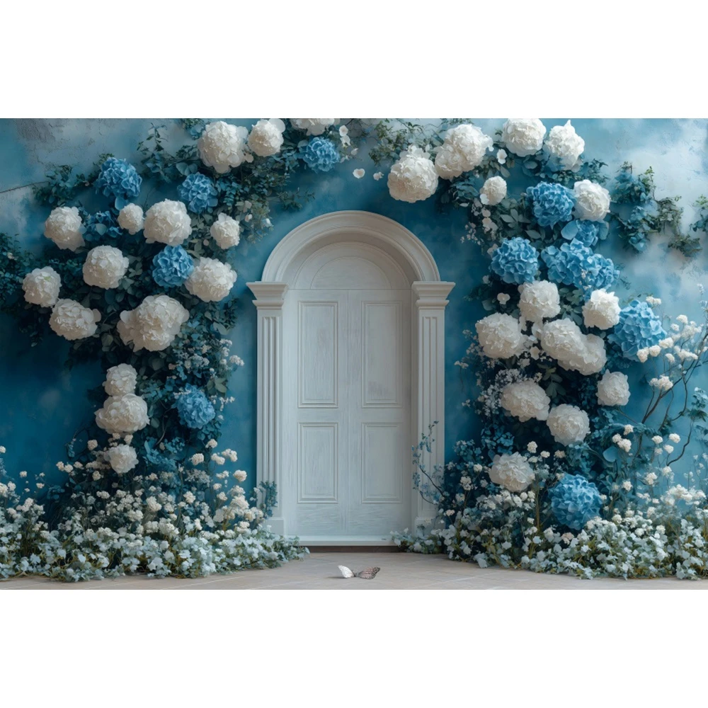 Blue Flower Butterfly Photography Backdrop Vintage Arch Door Floral Kids Birthday Wedding Art Portrait Photo Background Decor