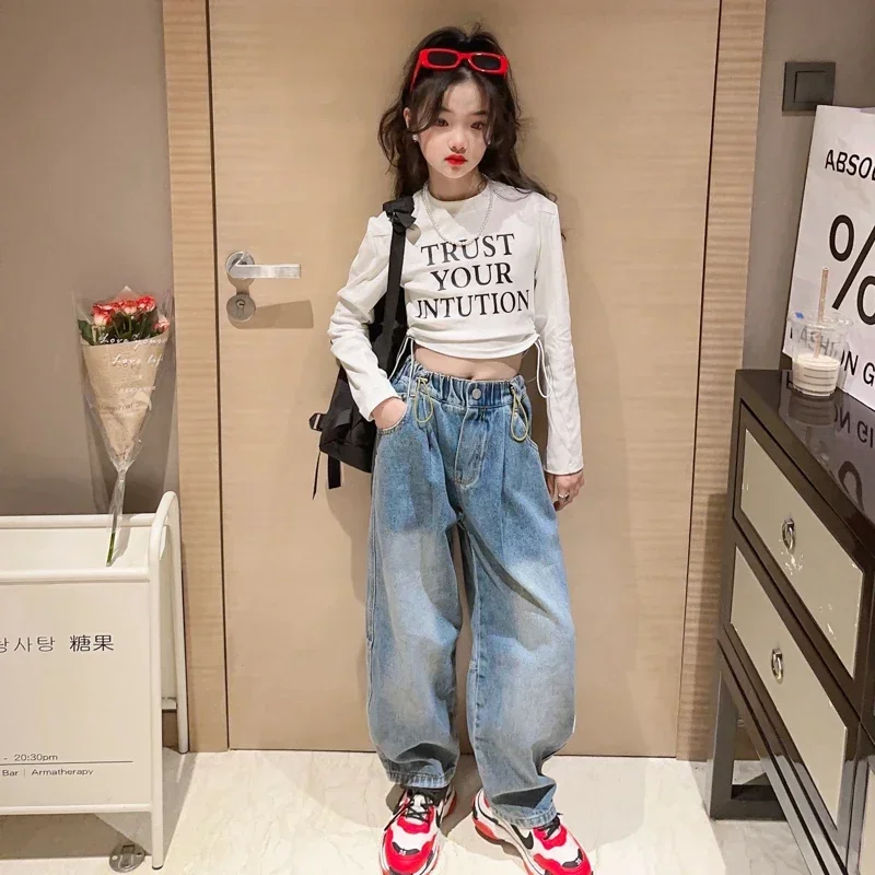 New Girls' Fashion Set Children's Slim Long sleeve Bottom Shirt +Casual Jeans Loose Denim Pants Two Piece Set 2024 Spring Autumn