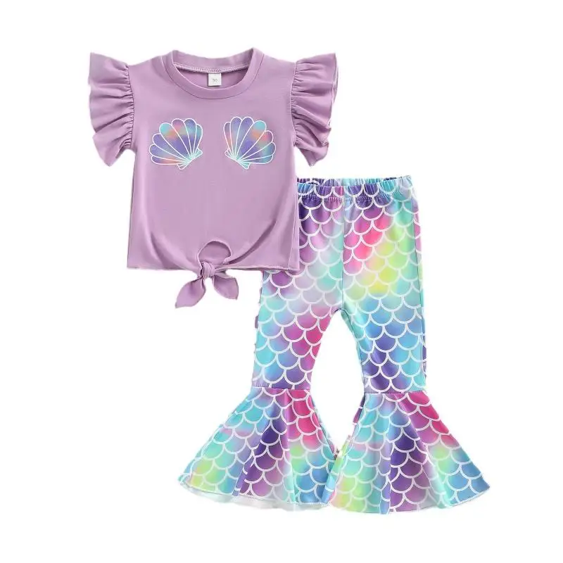 Summer Girls' New Shell Print Flying Sleeve Lace Up Top Fish Scale Trumpet Pants Halloween Mermaid Cosplay Two-Piece Set image 6