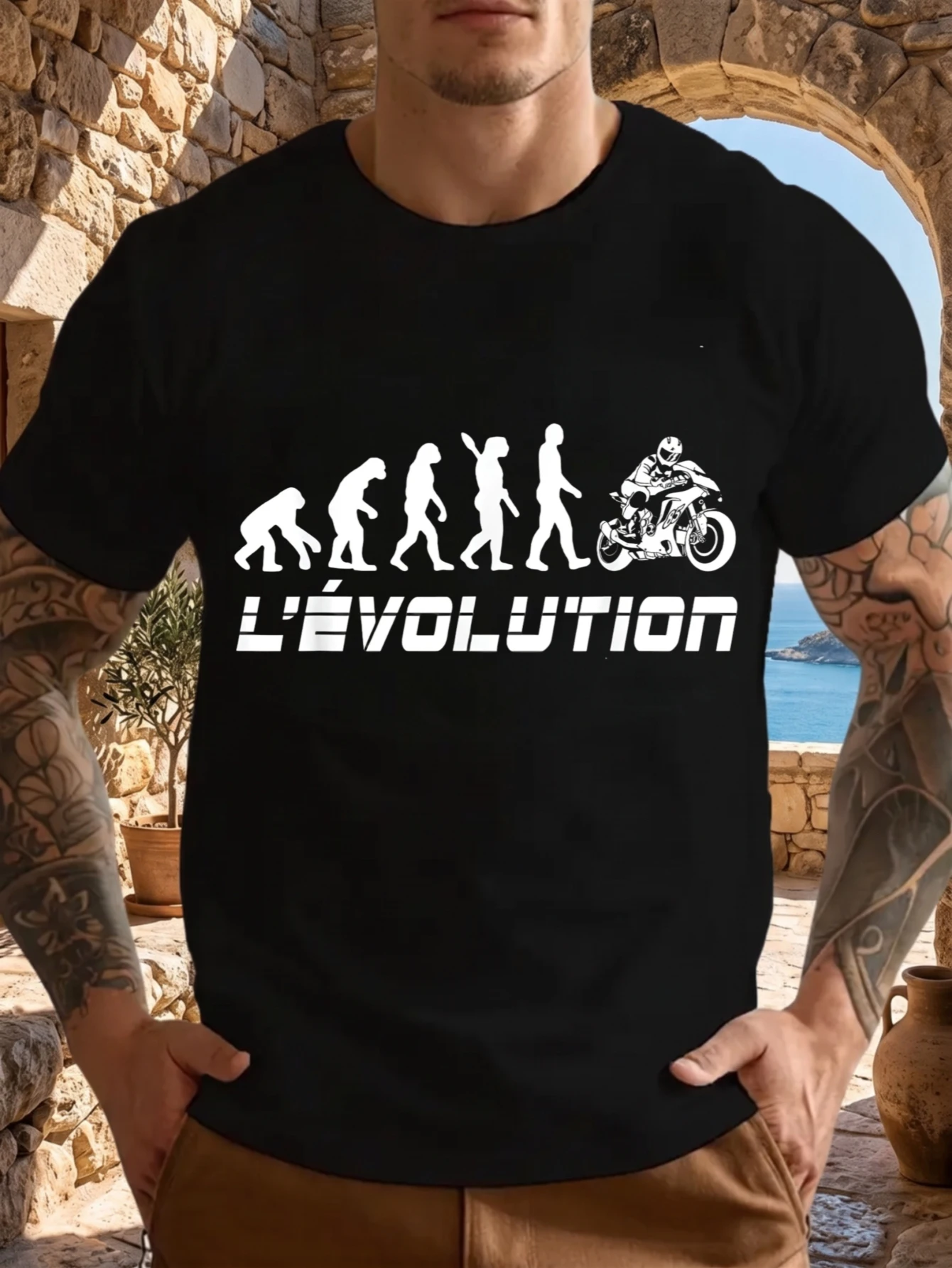 1 pièce T-shirt unisexe 100% coton pour hommes et femmes, imprimé graphique "Evolution Sequence Ending With Motorcycle Rider", col rond, manches courtes, grande taille, confortable, décontracté, lavable en machine.