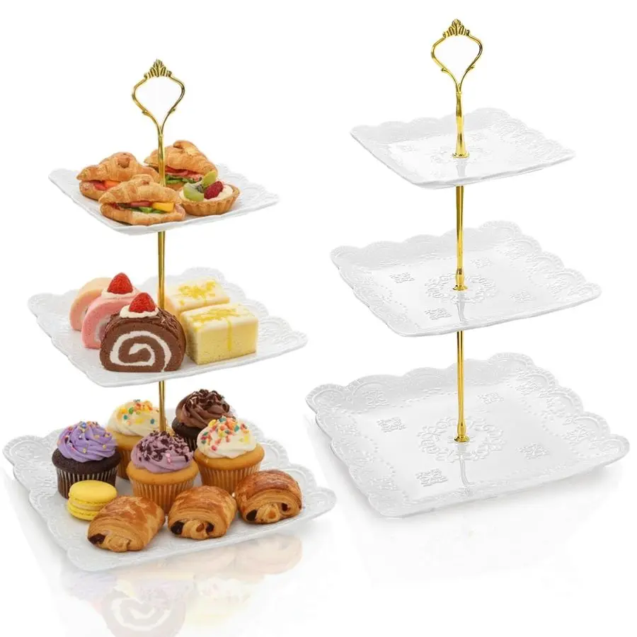 

2 Pack 3Tier White Ceramic Embossed Dessert Cake Tower Stand with Gold Carry Handle, Cupcake Stand Serving Trays, Porcelain Part