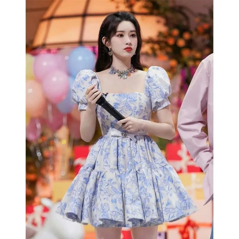 French  Bodycon Dress Gentle Style Waist Cinched Blue Floral Dress Princess Fluffy Short New Summer Dress for Women Clothing