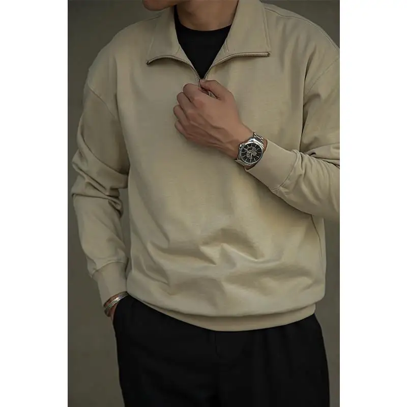 Jaqueta Masculina Estilo Americano Pesada com Meio Zíper, Caimento Solto Casual, Cáqui, Roupa Exterior Casual para Homens, Ou...