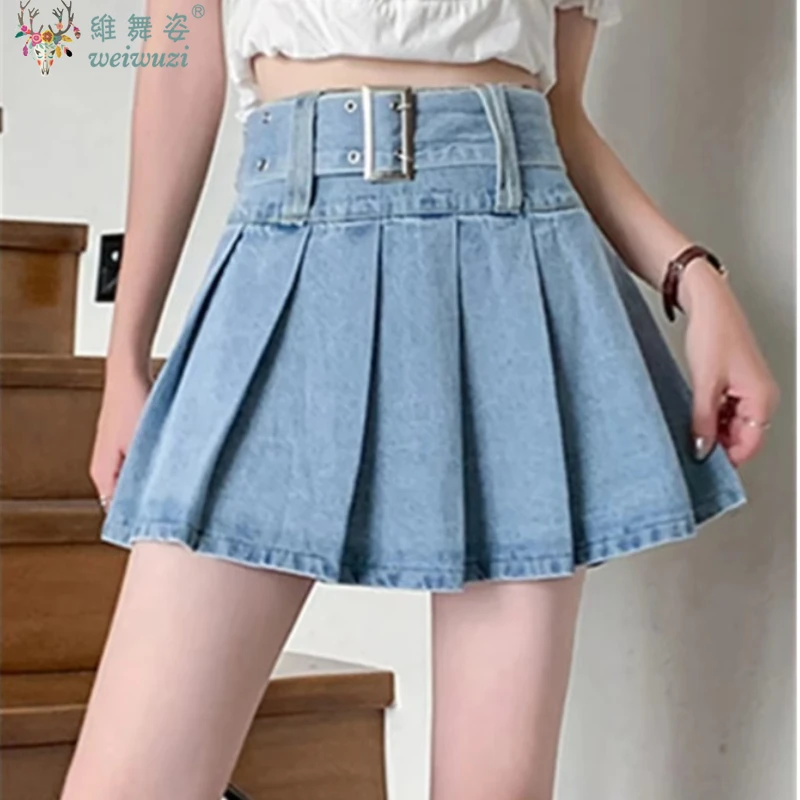 Summer New Women's Denim Short Skirts with Belt High Waist A-line Jeans Skirt Female Hight-quality Sexy Mini Pleated Skirt Y2k
