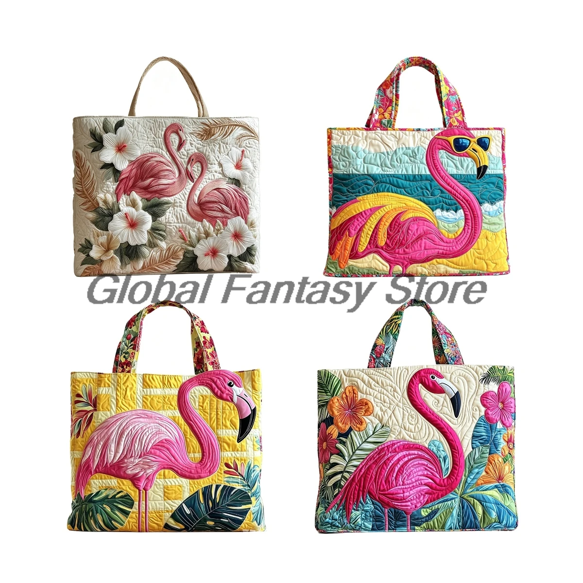 

Tropical Pink Flamingo Quilted Tote Vintage Hawaiian Floral Print Shoulder Bag Casual HandBag Women Daily Shopping Bags