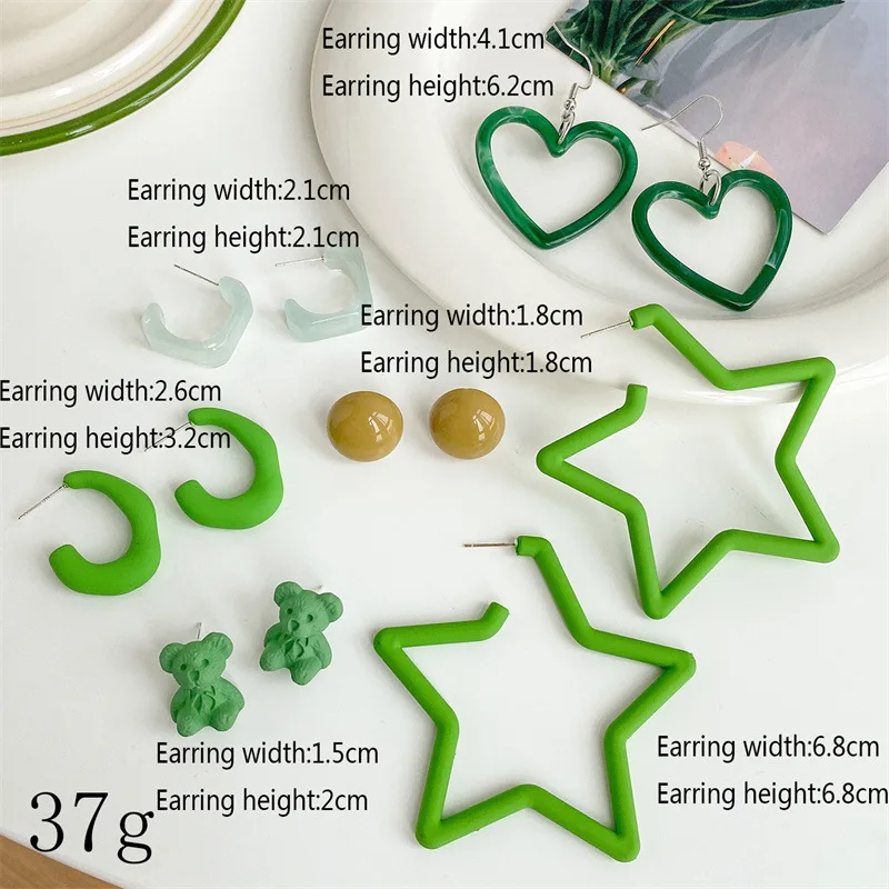 5 Pairs/Set Korean Fashion Resin Acrylic Green Bear Star Pendant Earrings for Women Heart Geometric Earring Sets Trendy Jewelry