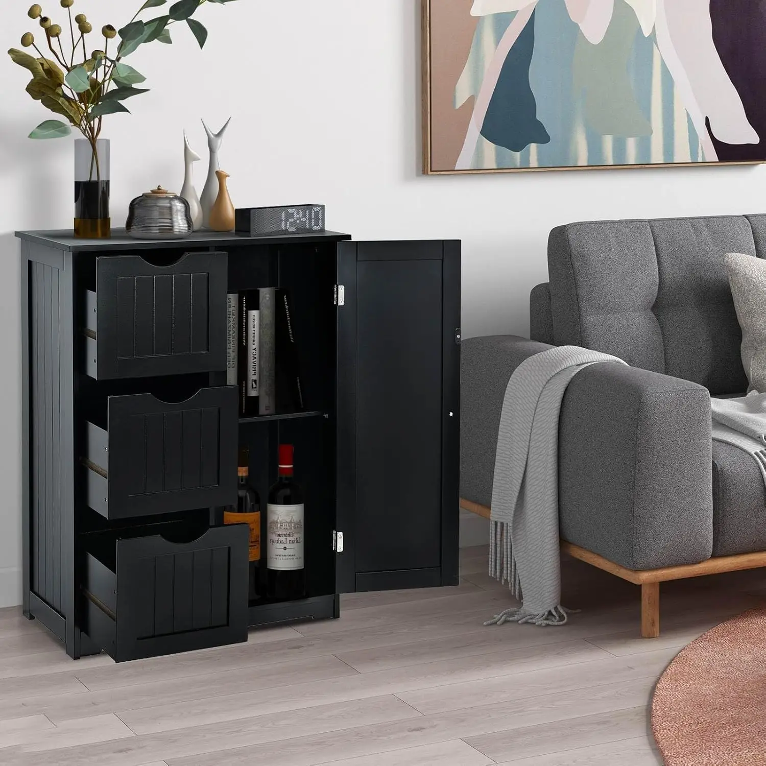 

**/Bathroom Floor Cabinet, Freestanding Side Storage Cabinet W/ 3 Drawers & 1 Cupboard, 1 Adjustable Shelf, Wooden Entryway