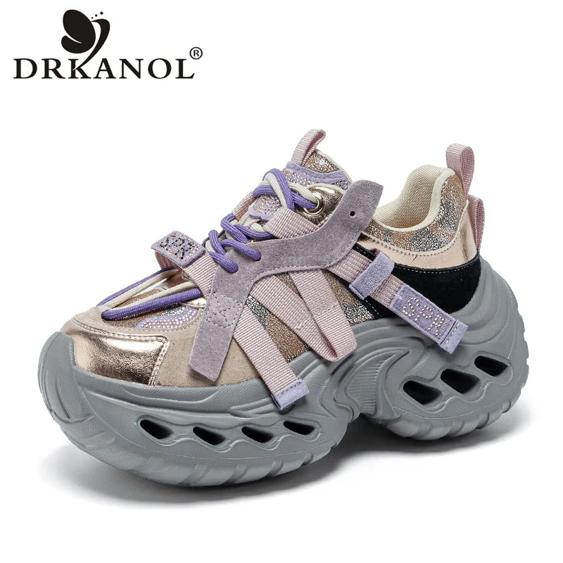 

DRKANOL 2026 Женские кроссовки на толстой подошве, разноцветные, повседневные, в стиле «папины кроссовки», со стразами, на шнуровке, увеличивающие рост, на платформе