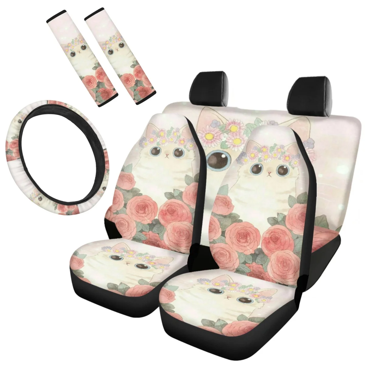 

Auto Seat Cover Set Kawaii Leaf Rose Cat Pattern Car Accessories Washable Seatbelt Steering Wheel Covers Ornaments New Fashion