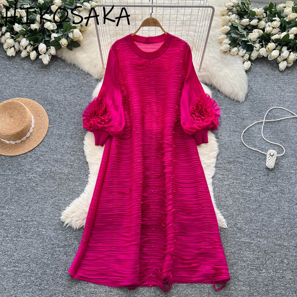 

European Summer Dress Women Fashion Diamondas Beading Three-dimensional Flower Lantern Sleeves Loose Robe Pleated Vestidos