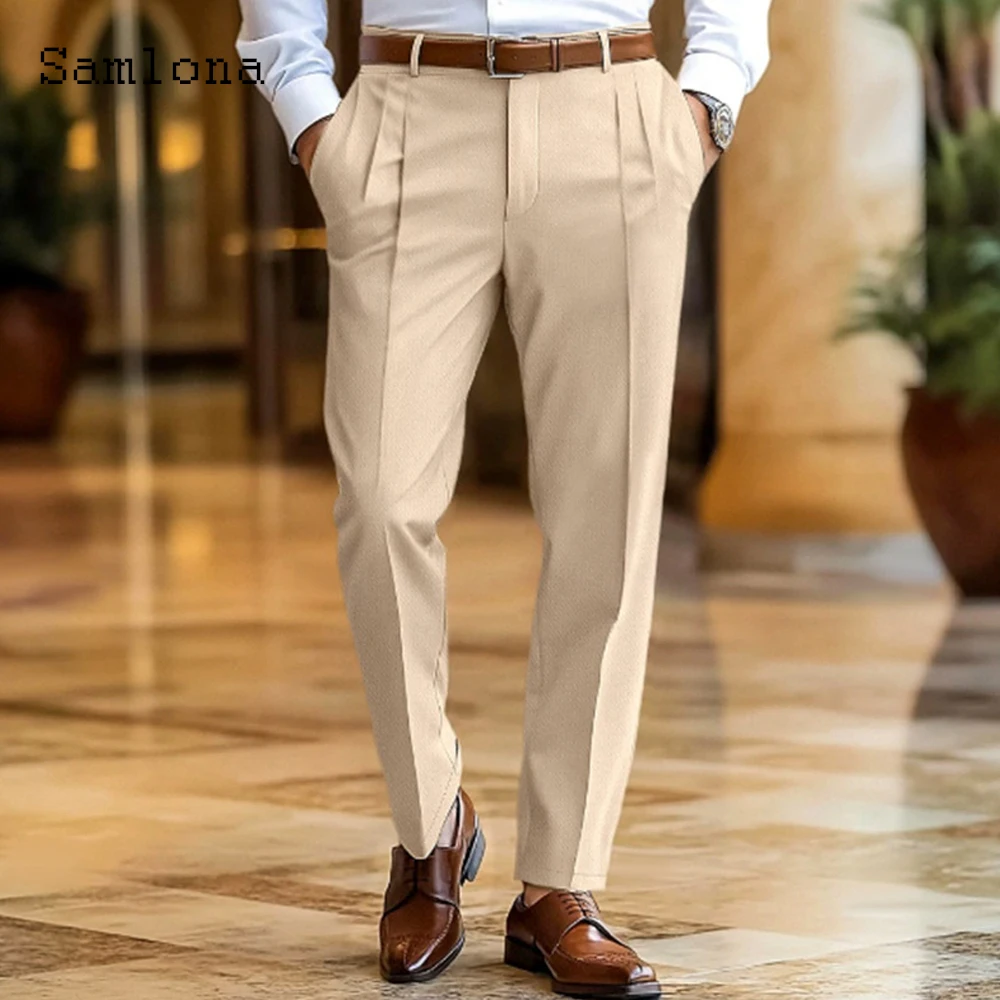 

2025 Plus Size Mens Elegant Fashion Party Wedding Suit Pants Khaki Gray Soft Pocket Trouser Men's Luxury Straight Suits Pants