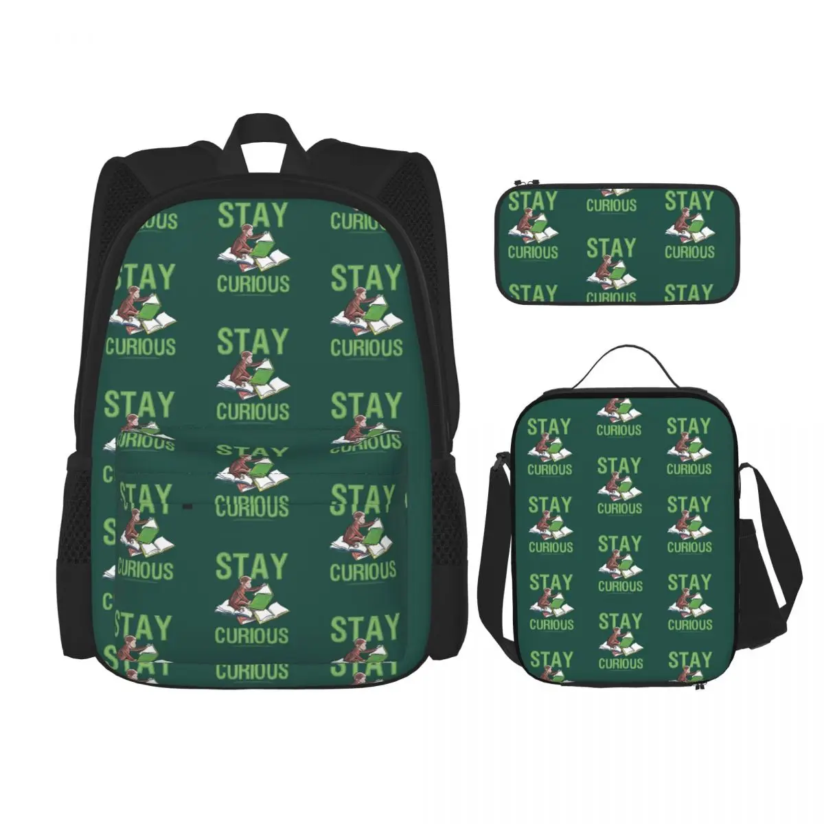 

Curious George Stay Curious Reading Portrait Backpacks Boy Girl Bookbag School Bags Rucksack Lunch Bag Pen Bag Three-Piece Set