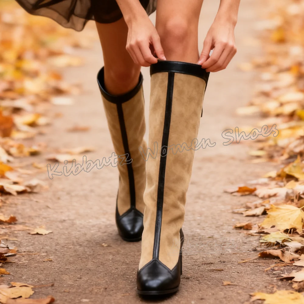 

Suede Knee High Boots Patchwork Round Toe Chunky Heels Fashion Luxury Elegant Concise Sexy Novelty Women Shoes New Mixed Color