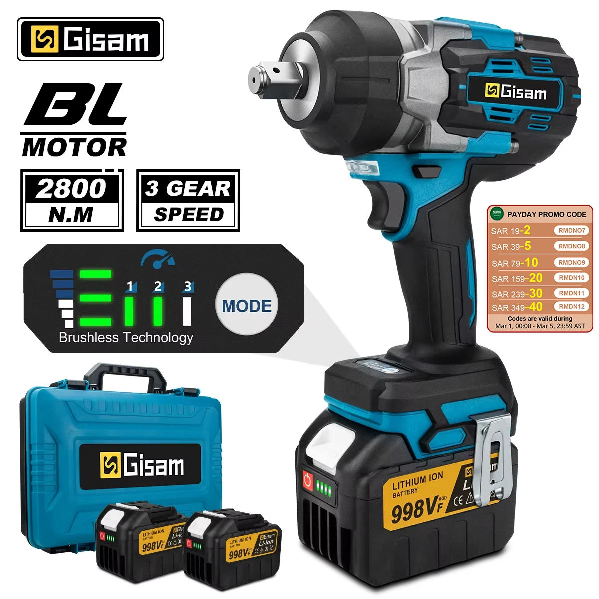 Gisam 2800N.M Torque Brushless Electric Impact Wrench 1/2 inch Screwdriver Cordless Wrench Power Tools For Makita 18V Battery