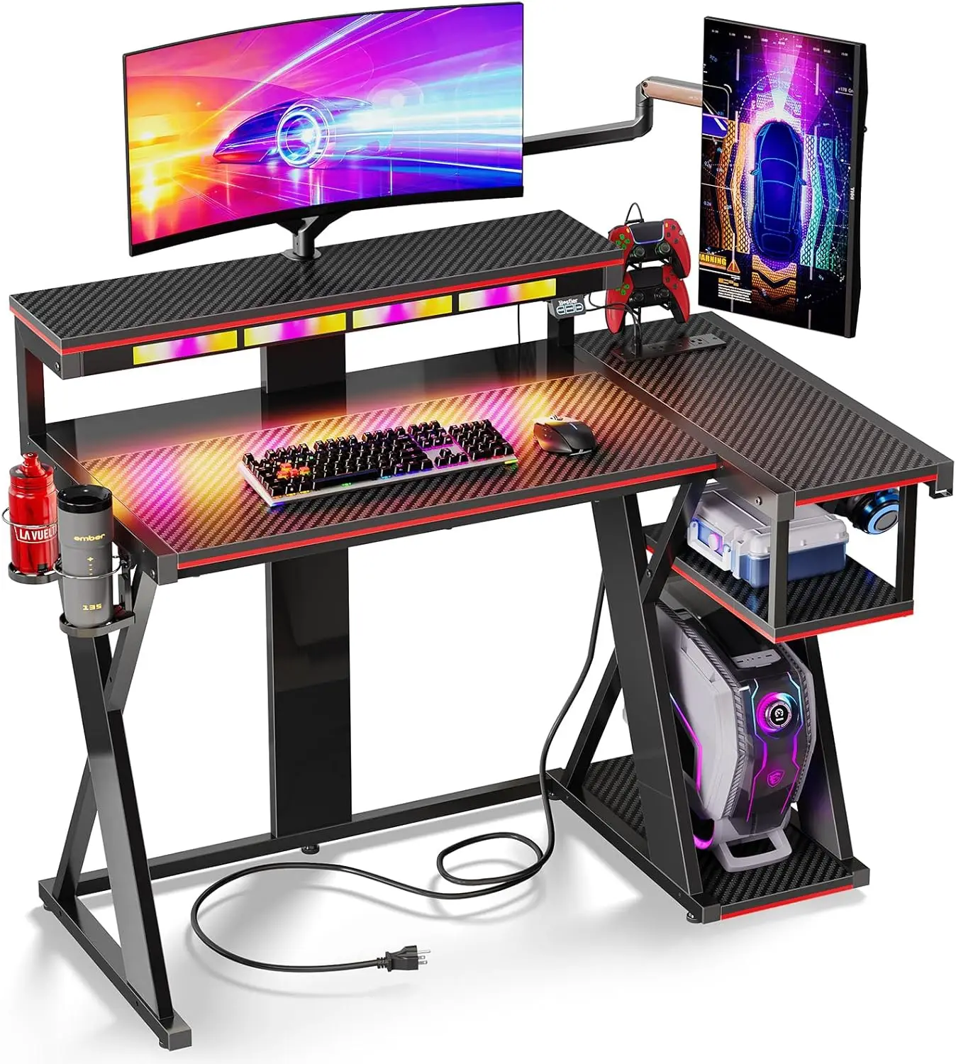 

Computer Desk with Music Sync Light, Flow Vibe Corner Desk with Monitor Stand and PS5 Storage Shelves, Cup Holders