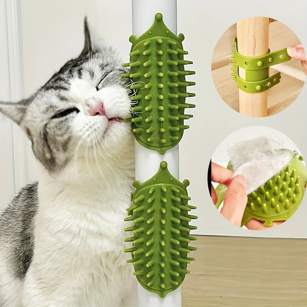 Mountable Rubber Self-Grooming Cat Scratcher with Flexible Bristles for Non-Electric Pet Massage & Fur Removal