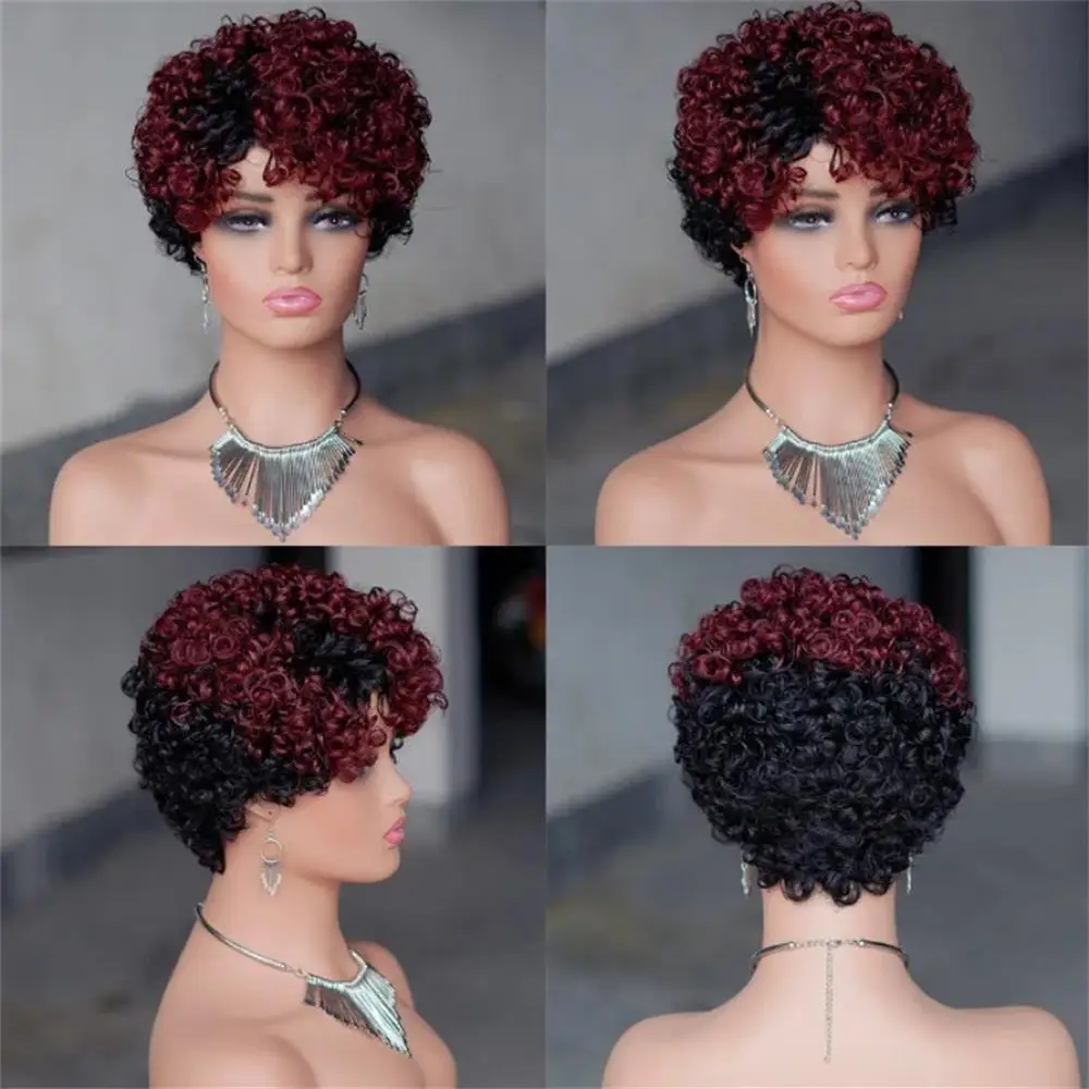 Pixie-Locken-Kurzhaarperücke aus Echthaar, maschinell gefertigt, für Frauen, kurze Perücke, Farbe 99J Burgunderrot, natürlicher Look, für den täglichen Gebrauch. – Detail 10