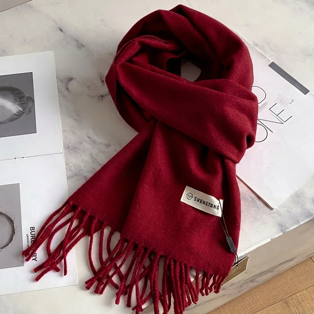 Classic Solid Wool Scarf With Fringe Tassel Ladies Warm Winter Shawl Soft Thick Neck Wrap For Daily Travel Dating Outfit