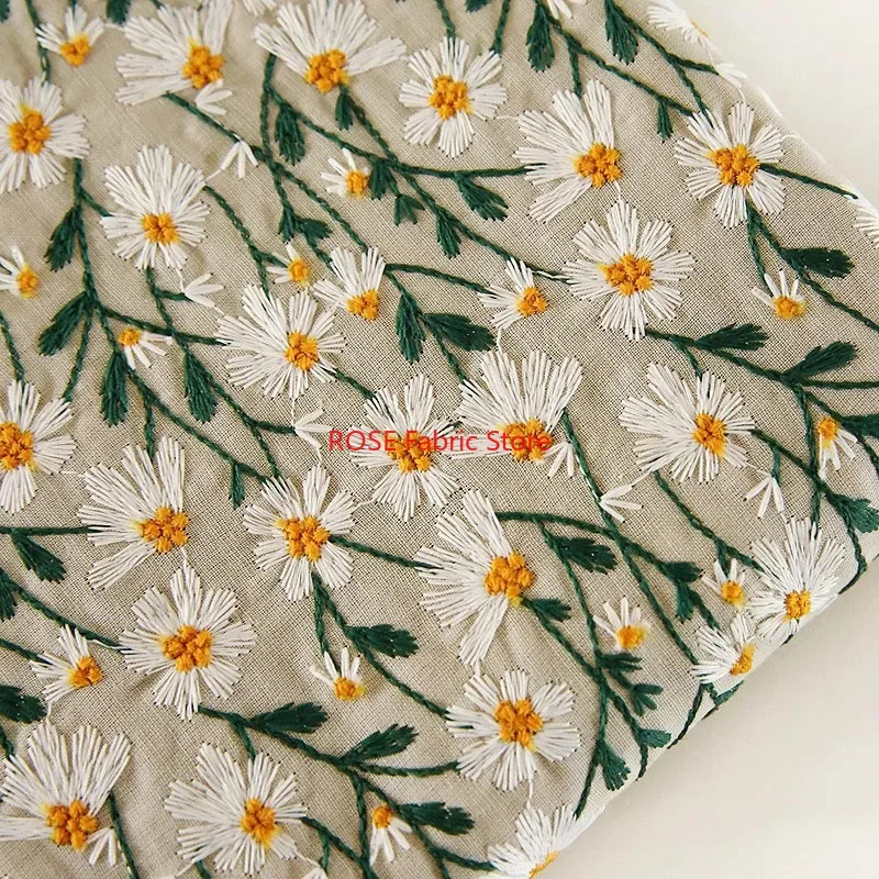 3D Retro Daisy flower Embroidery Linen Cotton Fabric for skirts, dress, table cover, costumes design, hair accessories sewing