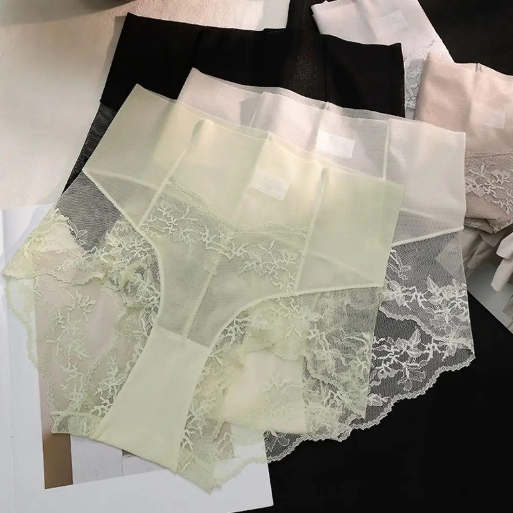 

Fashion Sweet Lace Mesh Panties High Waist Transparent Ice Silk Briefs Tummy Control Thin Seamless Underwear Women Summer