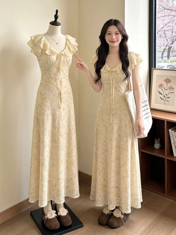 

Summer New plus Size Floral Print Dress with Lace Sleeves And Shoulder Bows Korean Style Commute A-Line Dress for Ladies