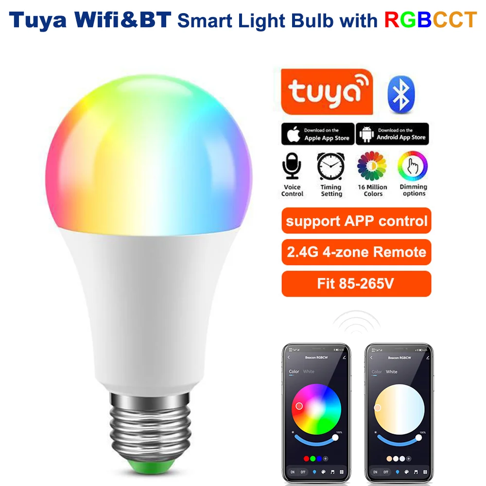 Tuya Wifi&BT 15W E27 Smart LED Bulb RGBCCT with 2.4G 4zone Remote Control/APP/Voice Control 8Scenes IOS Android for Alexa Google