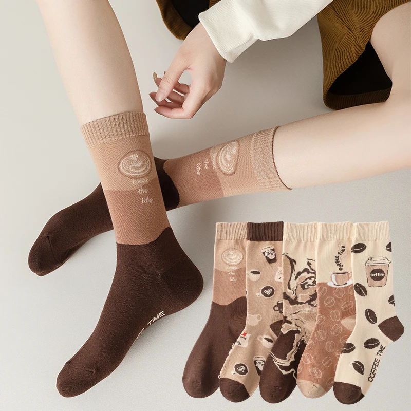 Spring Autumn Cute Women Crew Socks Kawaii Cartoon Coffee Cup Coffee Bean Print Letter Harajuku Casual Female Mid Tube Socks Sox