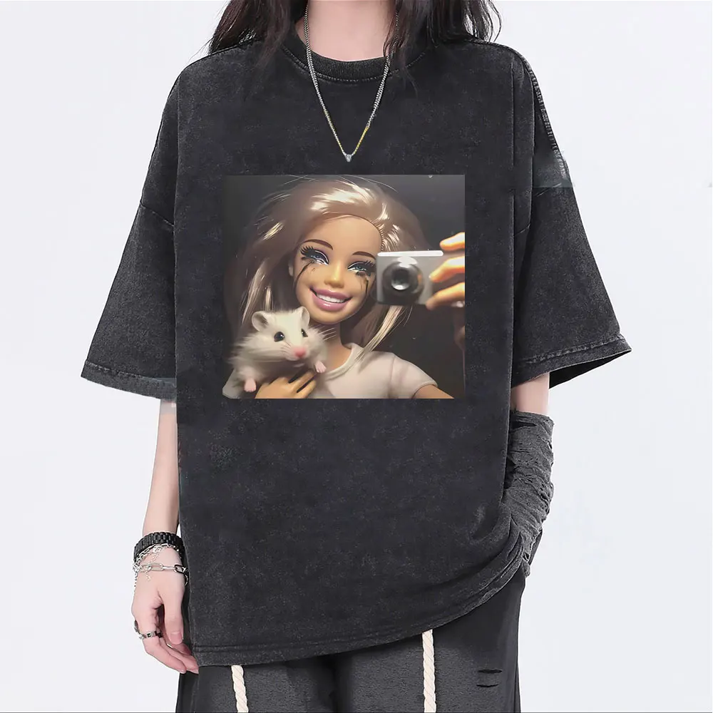 

Washed Vintage Funny Disgusting Doll Take A Selfie Holding A Rat Meme T-shirt Men Women Casual Cotton T Shirt Oversized T-shirts