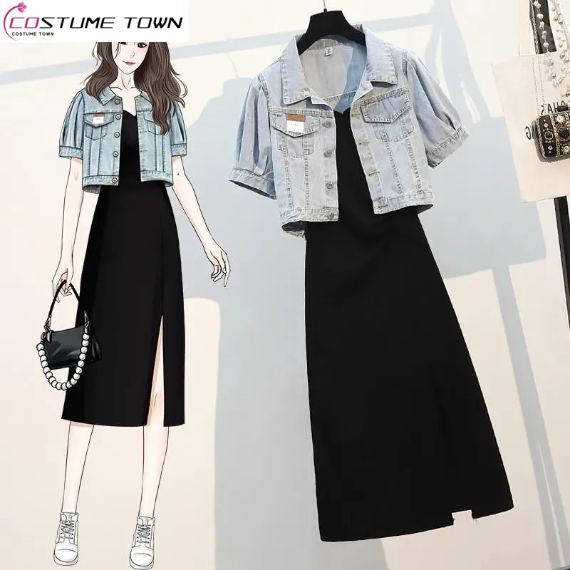 Single/Set 2023 Spring/Summer New Large Women's Fat Sister Fashion Denim Coat Slim Dress Two Piece Set Fashion