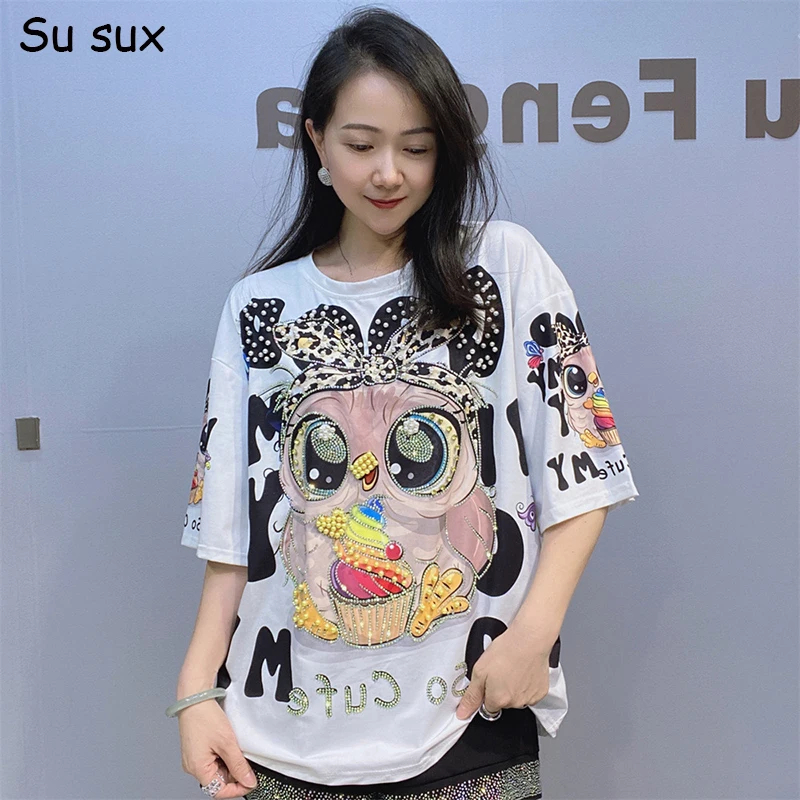 

Beading Sequins Cartoon Owl Print Short Sleeve T-shirts Women Tops 2025 Summer Casual Loose O Neck Tees Y2k Clothes Bust 114cm