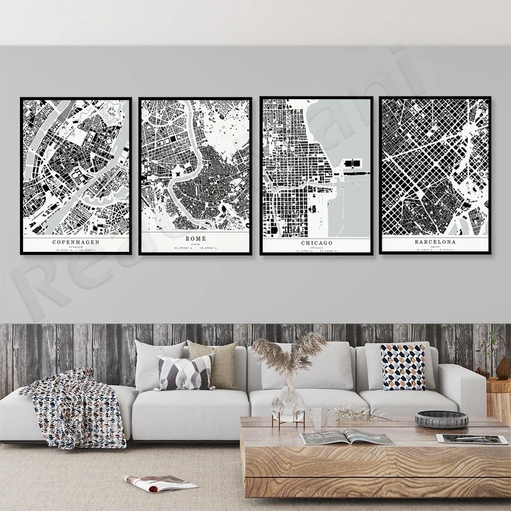 Black and White World City Map Copenhagen, Rome, Barcelona, Canada Canvas Painting Poster Printing Wall Art Picture Living Room