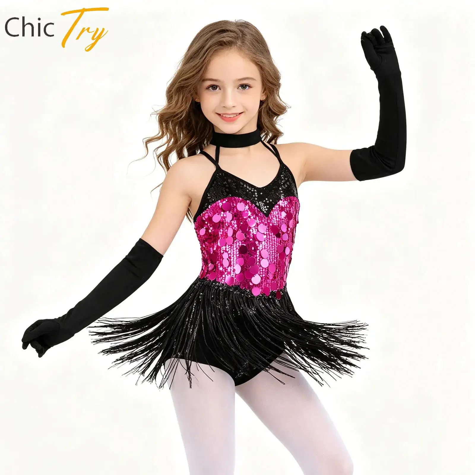 

Kids Girls Latin Dance Leotard Dress Cha-cha Salsa Performance Costume Sequins Sleeveless Tassels Fringed Body Suit with Gloves