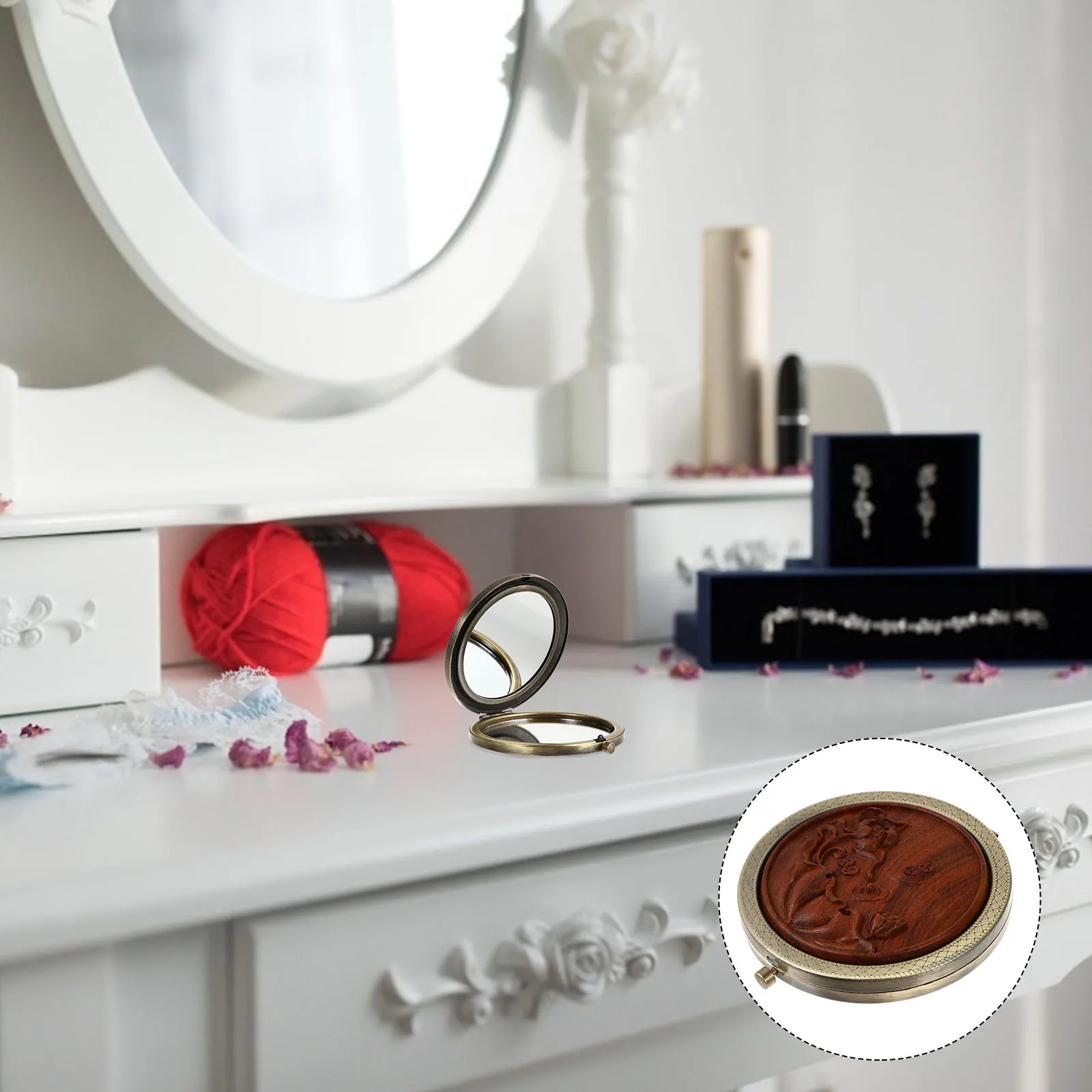 

Vintage Compact Makeup Mirror Women Portable Small Round Pocket Foldable Travel Beauty Lightweight Style Wood