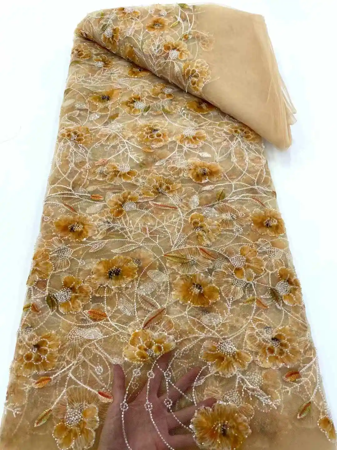 عالية الجودة ثلاثية الأبعاد نسيج الدانتيل الأفريقي 2025 الأبيض الفرنسية صافي الترتر النسيج الخياطة المطرزة تول النيجيري أقمشة الدانتيل 5 ياردة WS