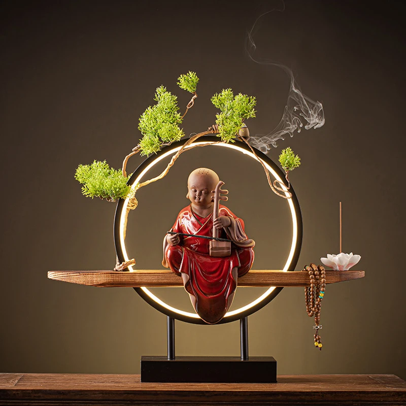 Ceramic Monk Creative Ornament With Light Ring Zen-Inspired Little Novice Decoration For Living Room, Wine Cabinet, Entry