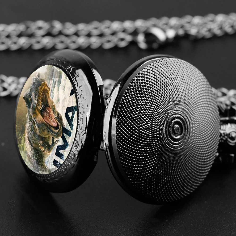 Dinosaur Glass Dome Quartz Pocket Watch With Durable Chain Arabic Numeral Dial Halloween Gifts for Men Women Kids