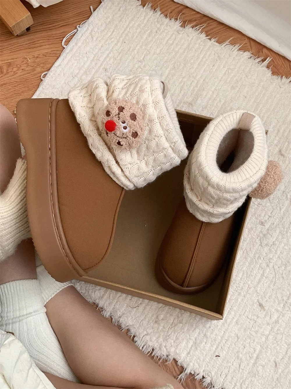 

Fun Cookie Shape Mid-Calf Snow Boots Women's Outdoor Fashionable Cotton Boots Winter Warm Thickened Flat Bottom round Toe