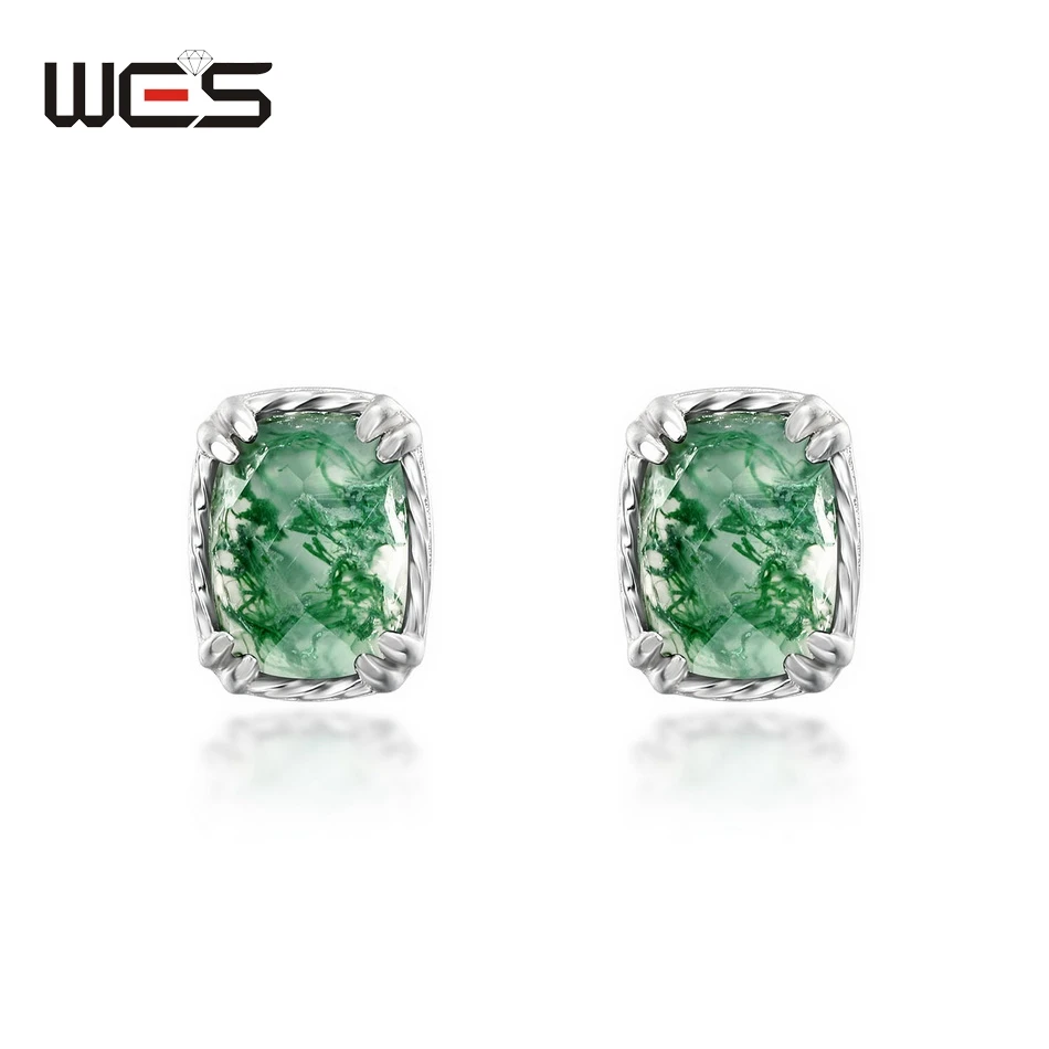 WES 925 Sterling Silver Stud Earrings for Woman Natural Moss Agate 5*7mm Certified Jewelry Fashion Party Anniversary Gift