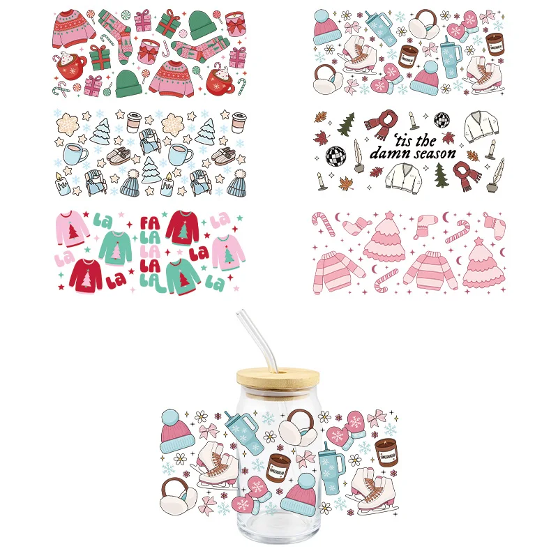 Christmas UV DTF Wrap Transfer Stickers Cartoon Clothes Pattern Design Waterproof DTF Wrap For Bottles Cups Decal