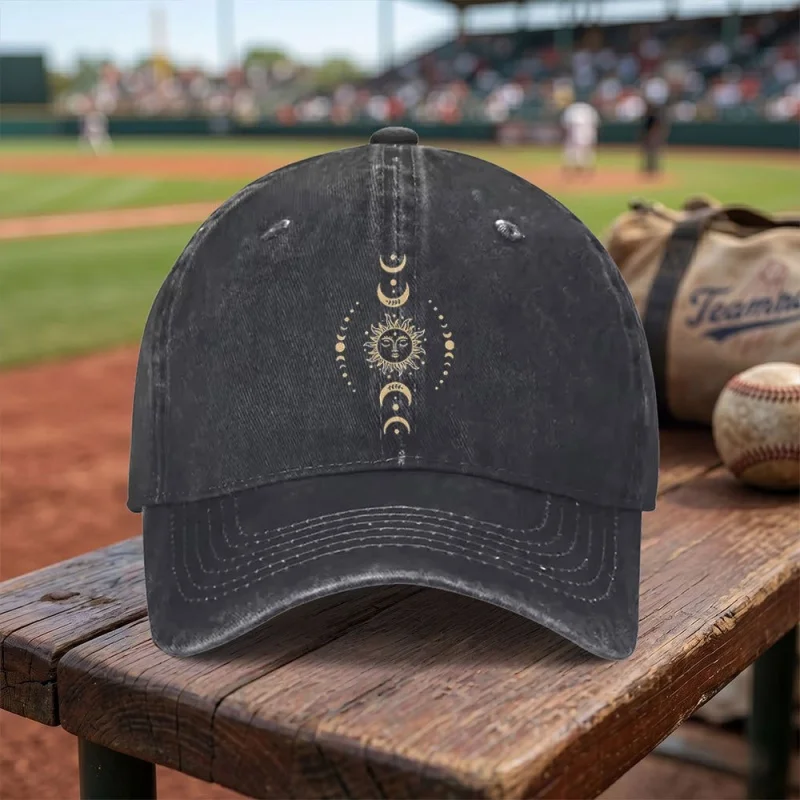 Mysterious Sun Moon Washed Baseball Cap, Adjustable Buckle, Lightweight Breathable Unisex Cap