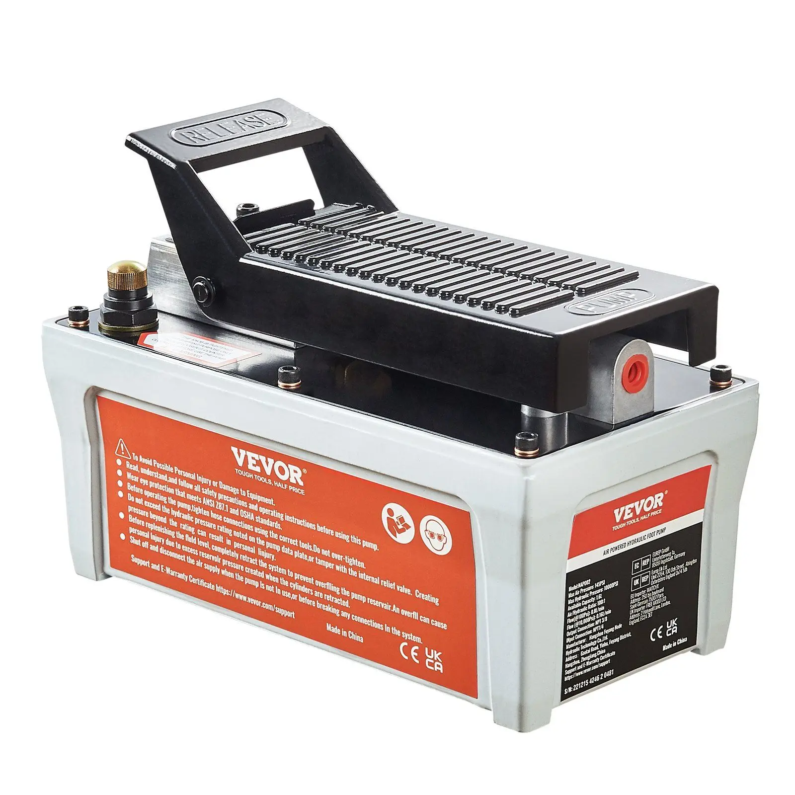 

10,000 PSI Air Hydraulic Pump – 1/2 Gal Reservoir, 3/8" NPT Outlet, 1/4" Inlet, 6.6 ft Pipe, Foot-Actuated Treadle (Gray)