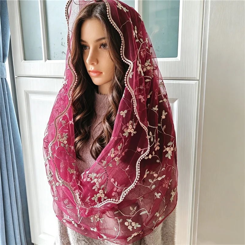 Wine Red Tulle Infinity Embroidered Floral Mantilla Church Head Covering Women Catholic Gift Latin Mass Vintage Chapel Burgundy