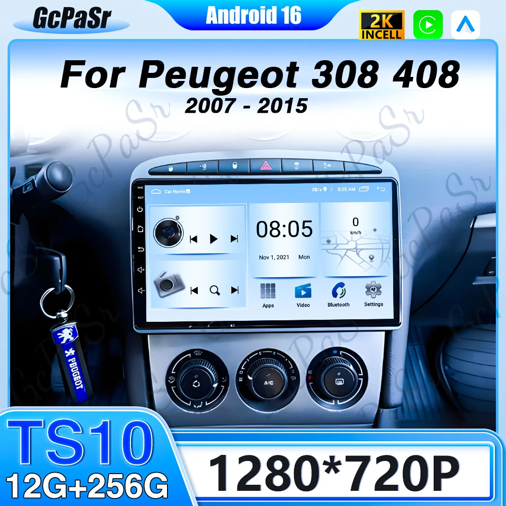 

CarPlay Android 16 Auto Car Radio for Peugeot 308 408 2007 2008-2015 GPS Stereo 4G WIFI head unit Multimedia Player BT NO 2Din