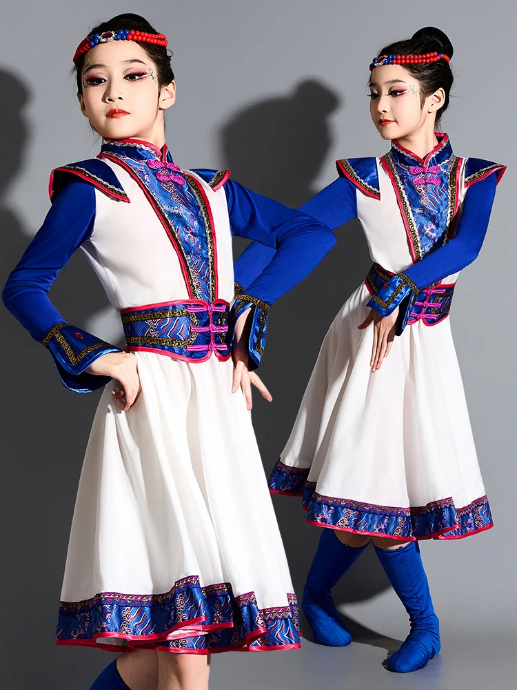 

Монгольский танцевальный костюм для девочек, новый этнический монгольский халат, летний танцевальный наряд из полиэстера