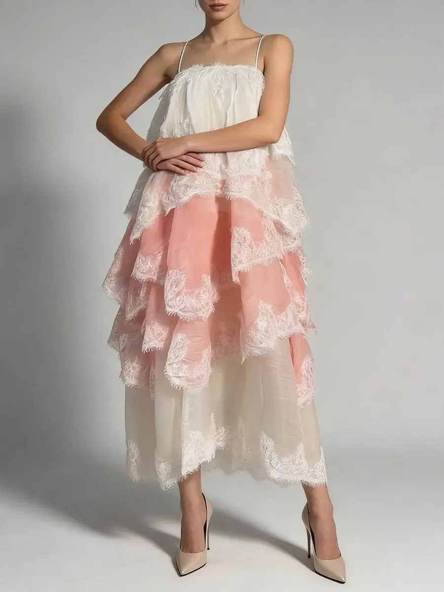 BJTZ Designer Exclusive Flowy Gradient Lace Applique Spaghetti Strap Maxi Dress Boho Beach Party Spring Summer 2026 New Arrival