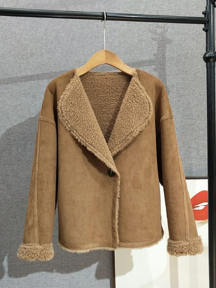 Gran oferta de invierno, abrigo de lana Reversible para mujer, abrigo informal de piel de oveja auténtica, chaqueta con solapa de un solo botón, ropa de abrigo gruesa y cálida holgada