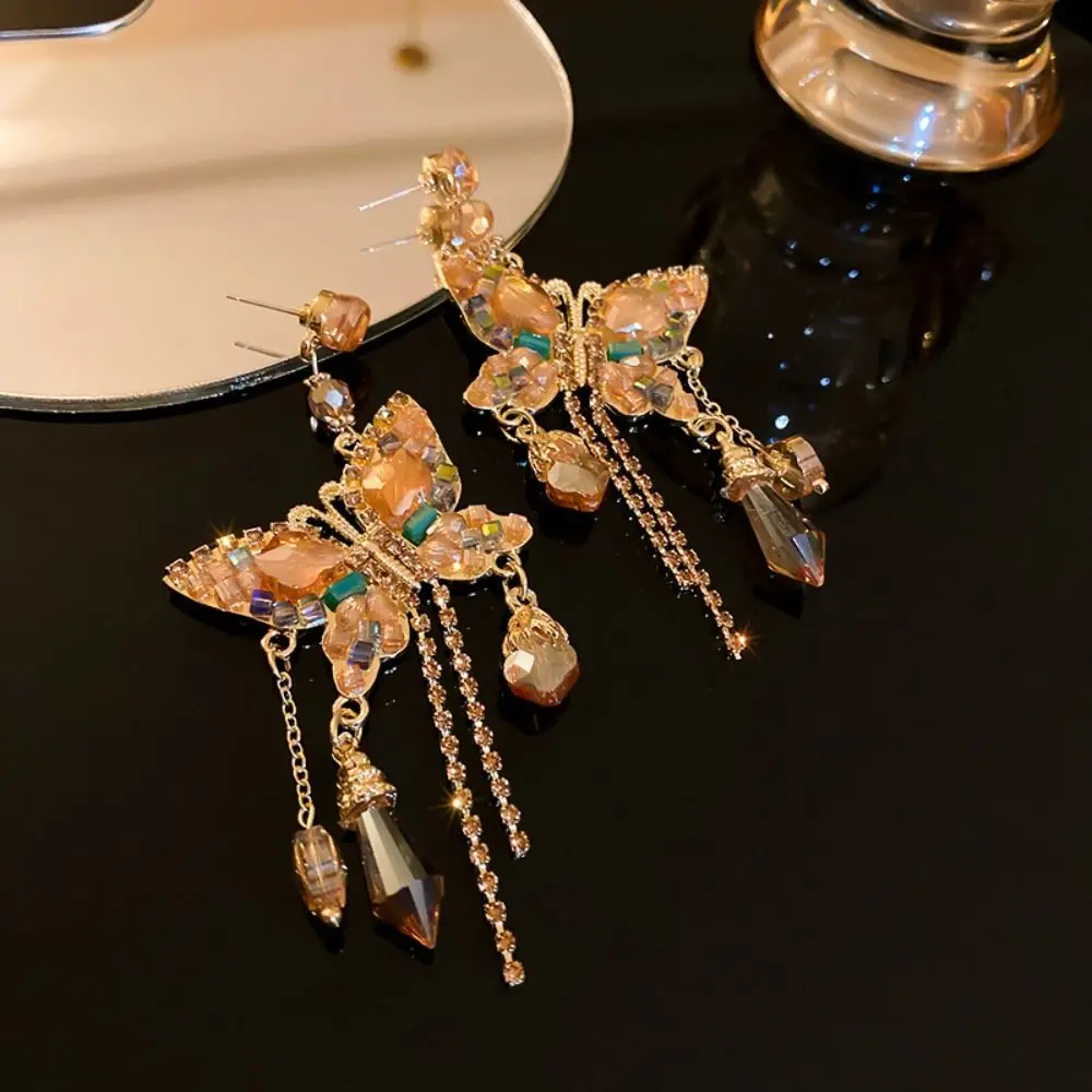 

Pendant Crystal Stud Earrings Hook Piercing Ear Jewelry Rhinestone Butterfly Earrings Exaggerated Vintage Long Earrings