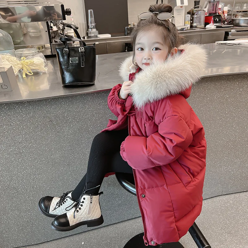 Girls Red Padded Cotton Coat Children 2024 New Winter Collection Fashion Simple Casual Long Coat Korean Simple Style Coat