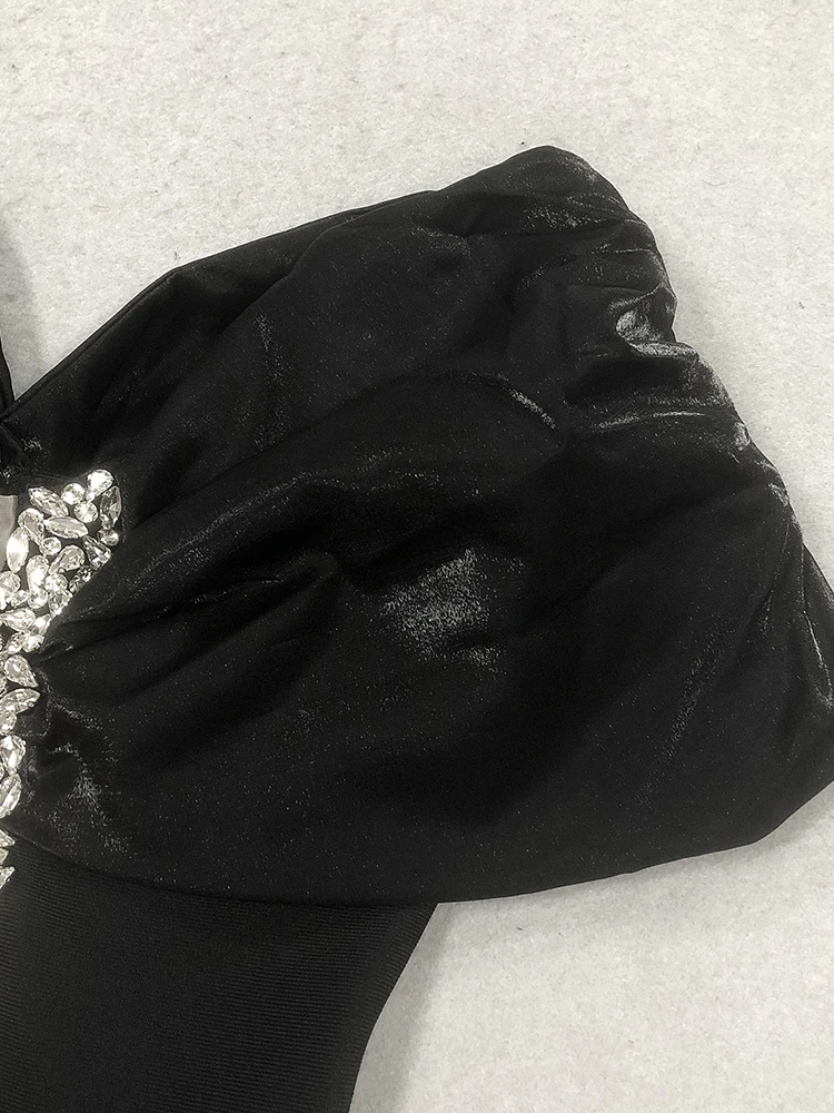 섹시한 오프숄더 다이아몬드 장식 롱 밴디지 드레스 여성용 블랙 반팔 크리스탈 바디콘 드레스 이브닝 파티 칵테일 가운