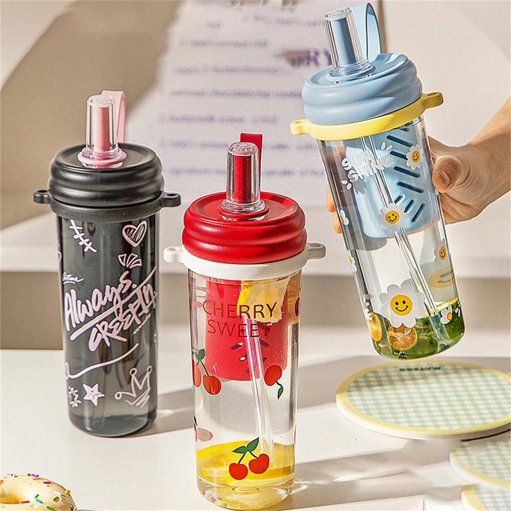 Summer Sports Plastic Water Cup Going Out Portable Student Straw Cup Cartoon Printed Small Fresh Water Cup For Home 900ml